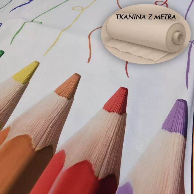 Materiał na zasłony dla dzieci – „Kredki” sama tkanina: 155x270 cm, gruba półzaciemniająca